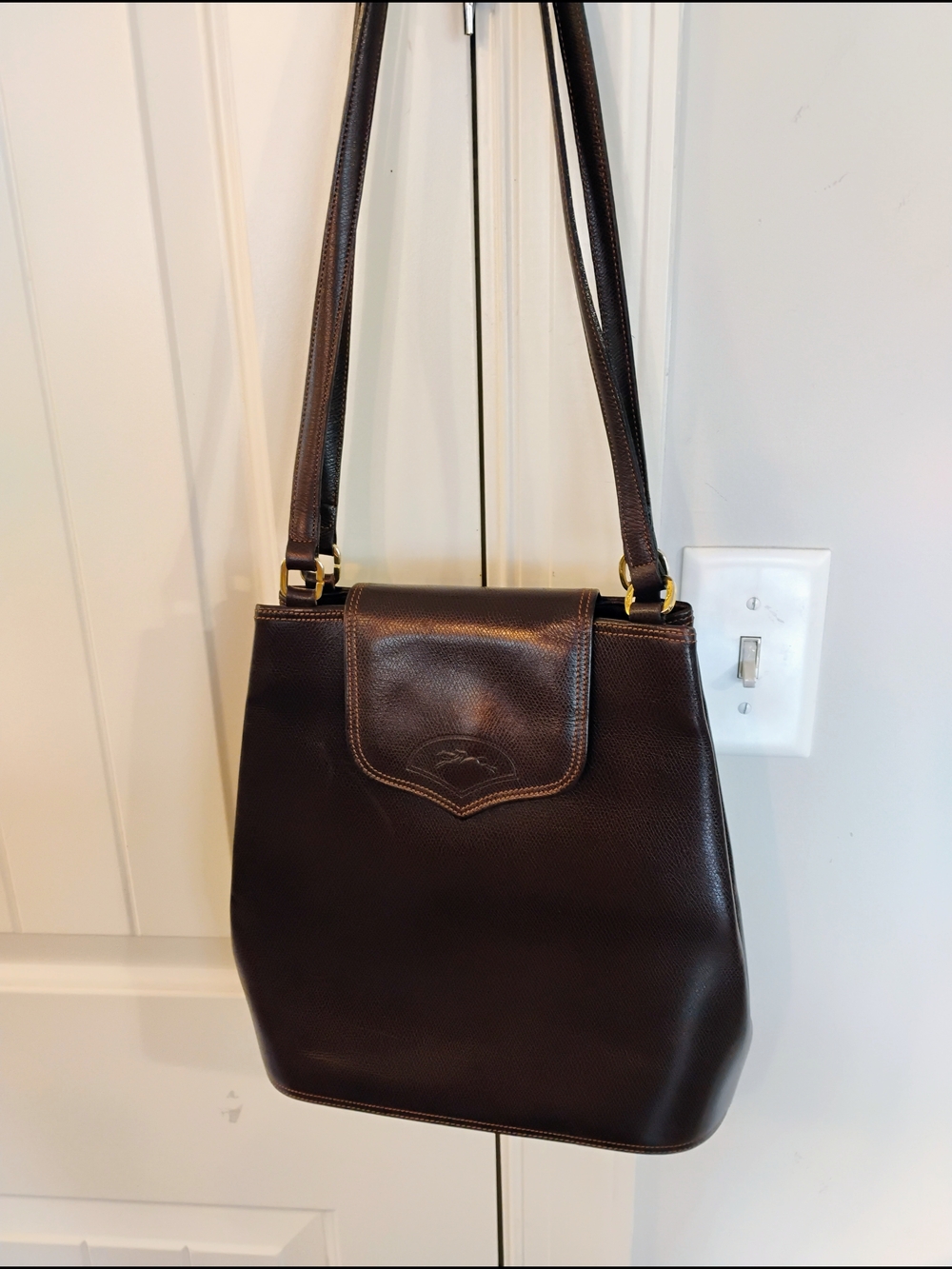 Longchamp Paris Made In France Dark Cognac Brown Leather Shoulder Bag